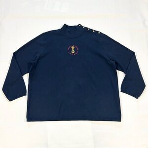 Vtg Lauren Ralph Lauren Womens 3X Mock Neck Sweater Nautical Golden Button Blue